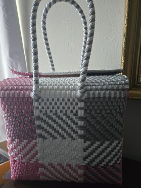Woven Tote Bag in Pink, White & Gray